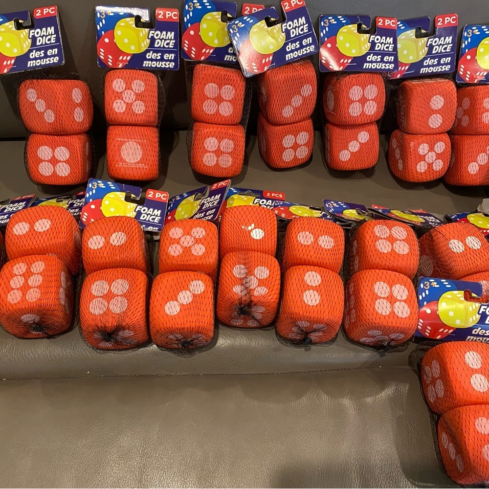 34 NEW red foam dice - 2.5 x 2.5”
17 - 2 packs of dice, craft supplies
